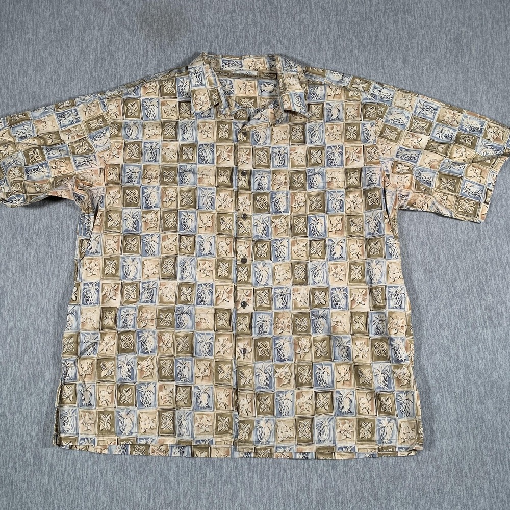 Tori Richard Shirt Mens Large Beige Blue Hawaiian Aloha Pineapple Button Up